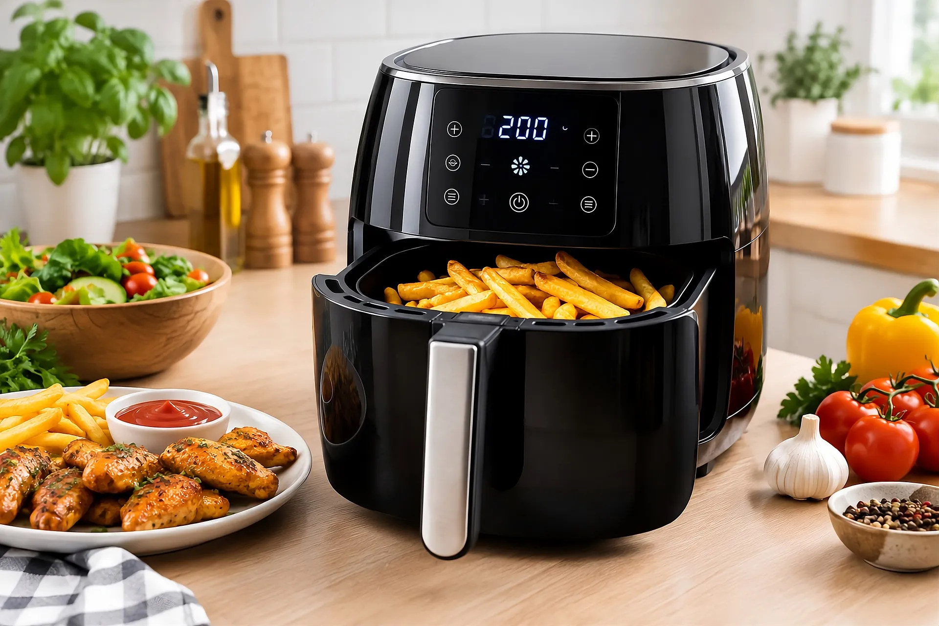A black countertop air fryer with its basket pulled out, holding french fries, surrounded by fresh vegetables and a plate of seasoned chicken